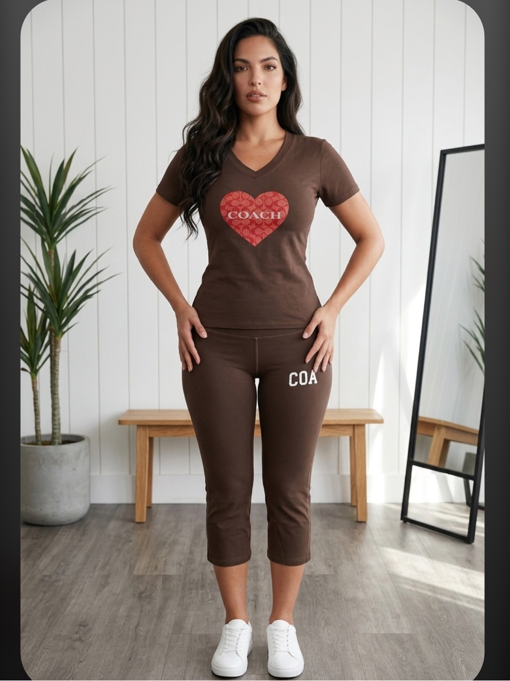 Brown Capri Jogger Set with Red Heart Logo